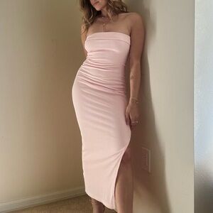 Strapless Blush Pink Midi Bodycon Dress